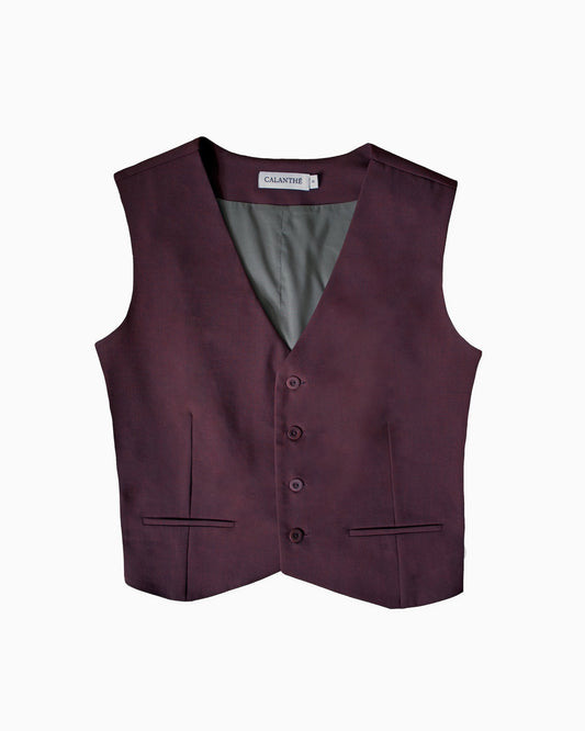 Burgundy vest with a visible brand label and branded buttons on a white background