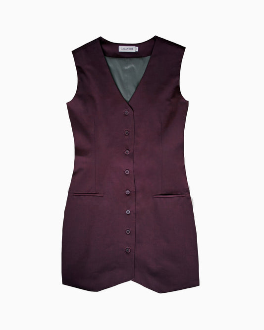 Burgundy vest dress with buttons on a white background