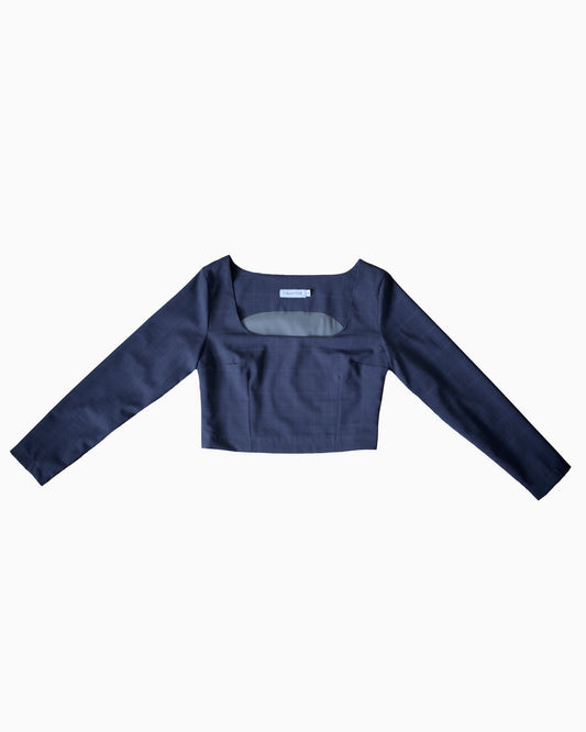 Navy blue long-sleeve crop top on a white background